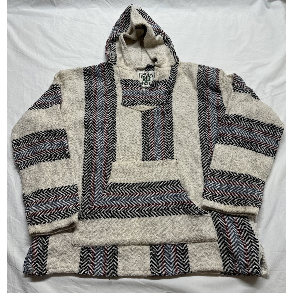 Vintage Baja Joe Drug Rug Hoodie Pullover Mexican Blanket Sweater Large Boho
